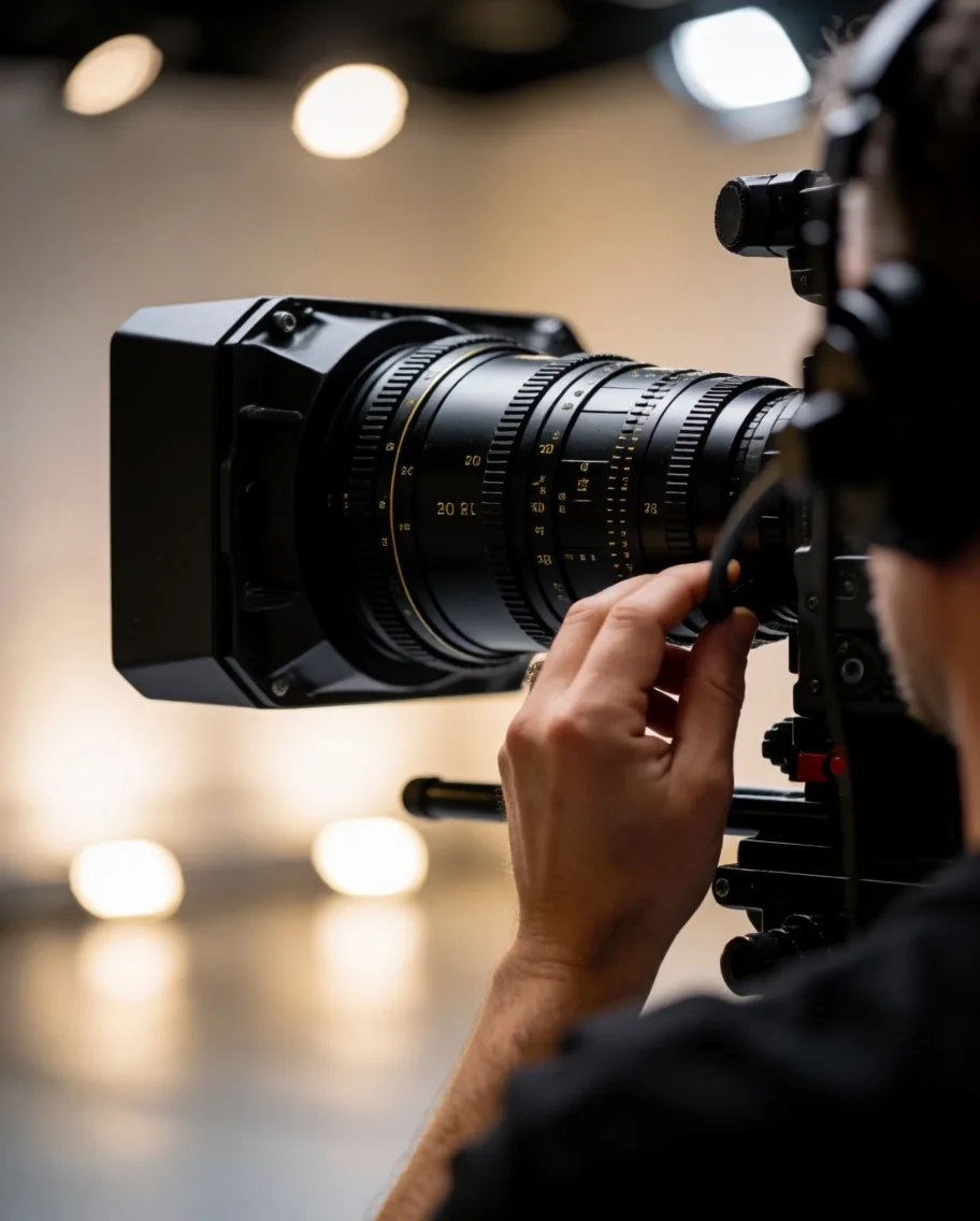 Kamera studio televisi dengan lensa besar di atas pedestal