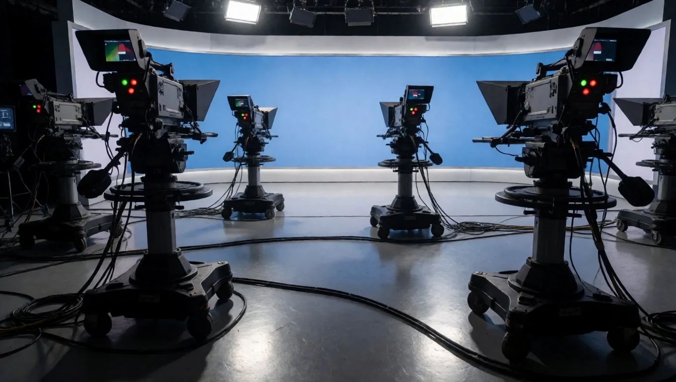 Lantai studio televisi selama produksi dengan kamera dan pencahayaan