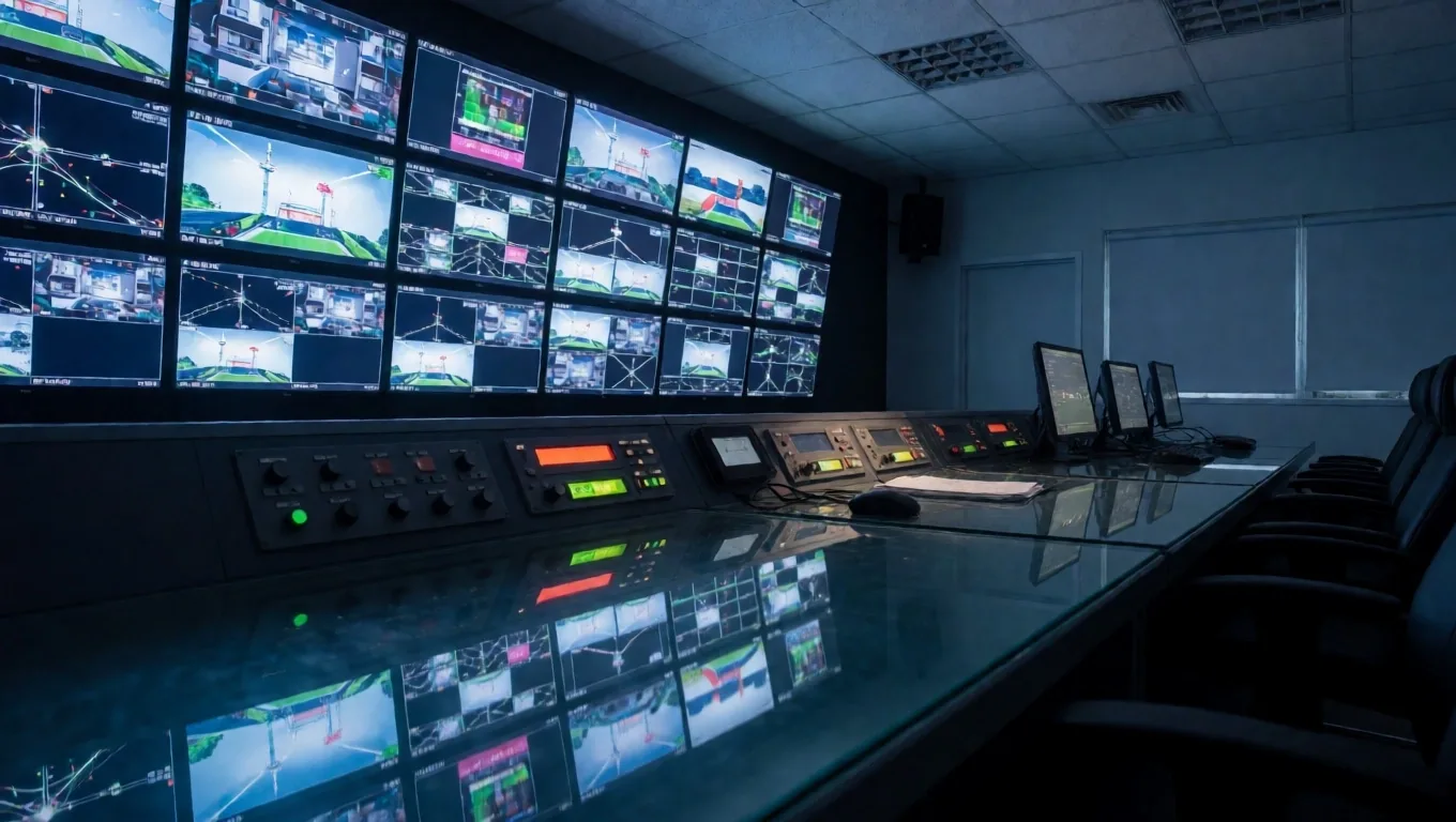 Ruang kontrol produksi televisi dengan dinding multi-monitor