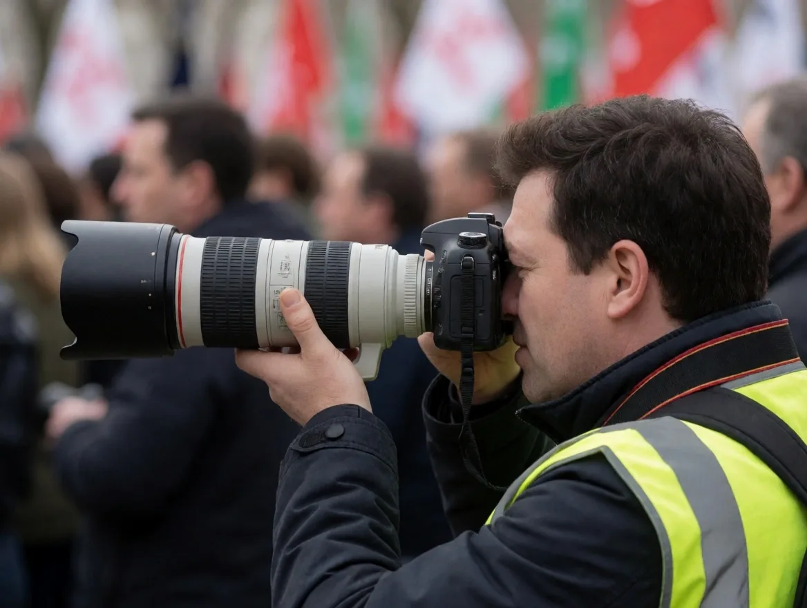 Fotografer pers mengambil gambar di tengah kerumunan dengan kamera telephoto