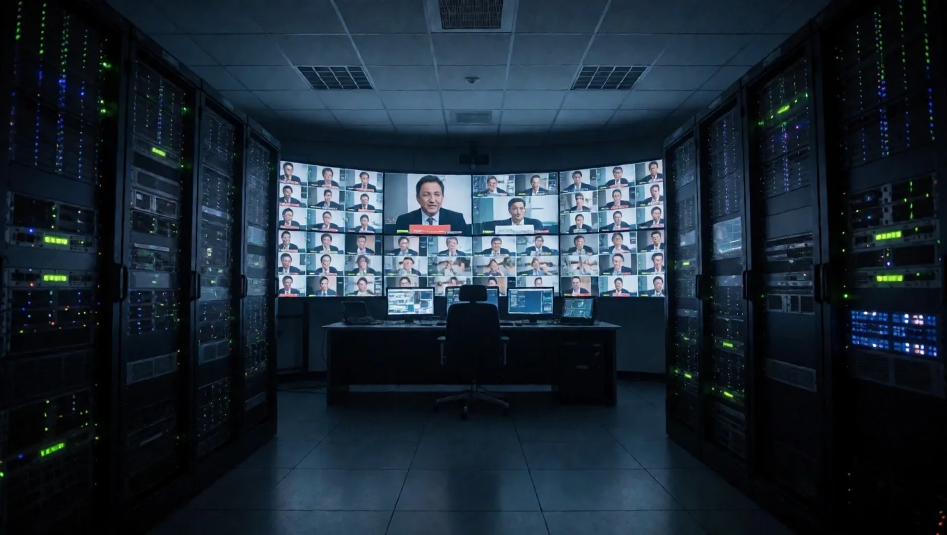 Ruang kontrol studio televisi dengan dinding multi-monitor menampilkan berbagai feed kamera