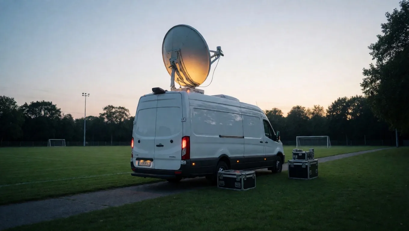 OB Van dengan antena satelit SNG yang sedang digunakan untuk siaran langsung dari lokasi lapangan