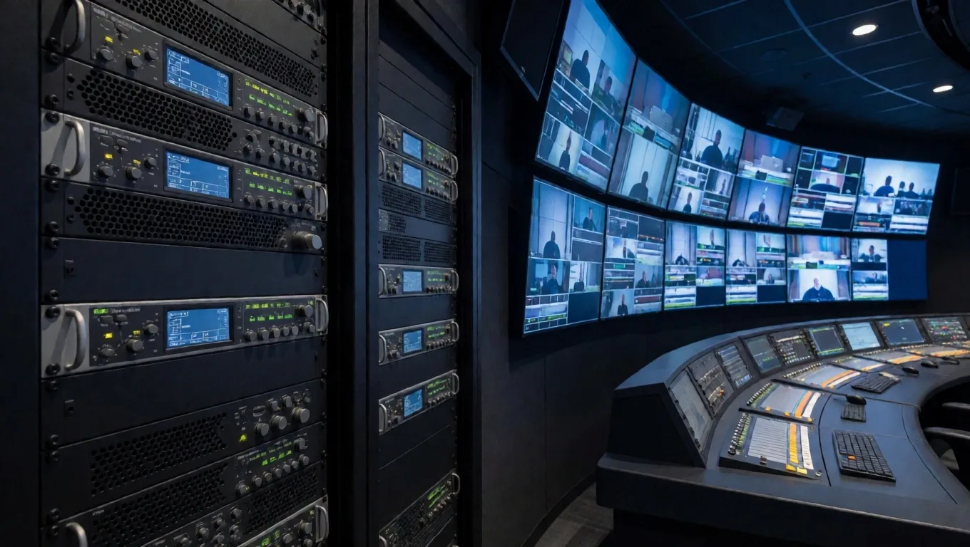 Ruang master control sebuah stasiun televisi dengan dinding monitor multi-feed dan operator teknis