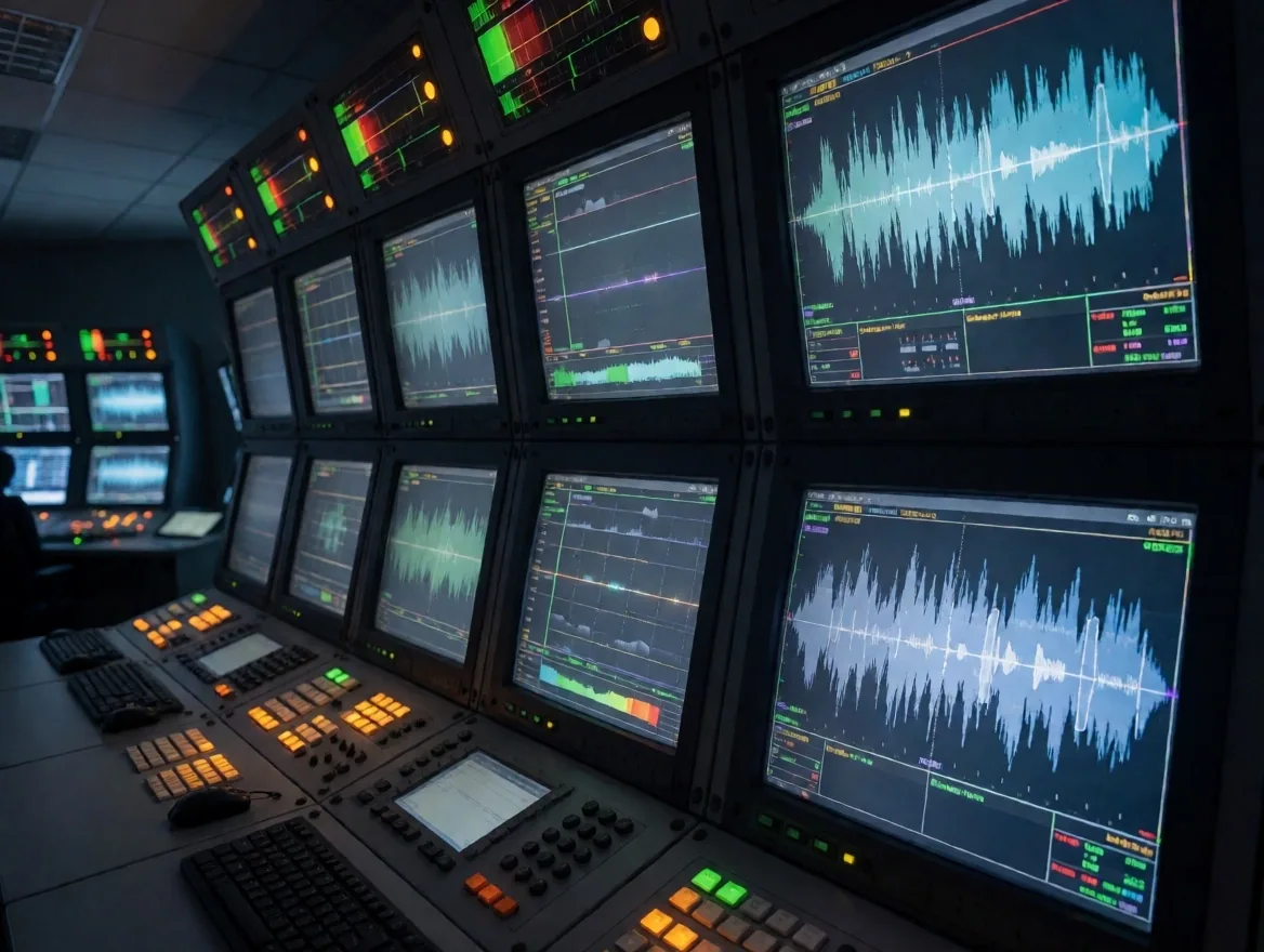 Workstation MCR dengan monitor sinyal video dan operator yang memantau kualitas siaran