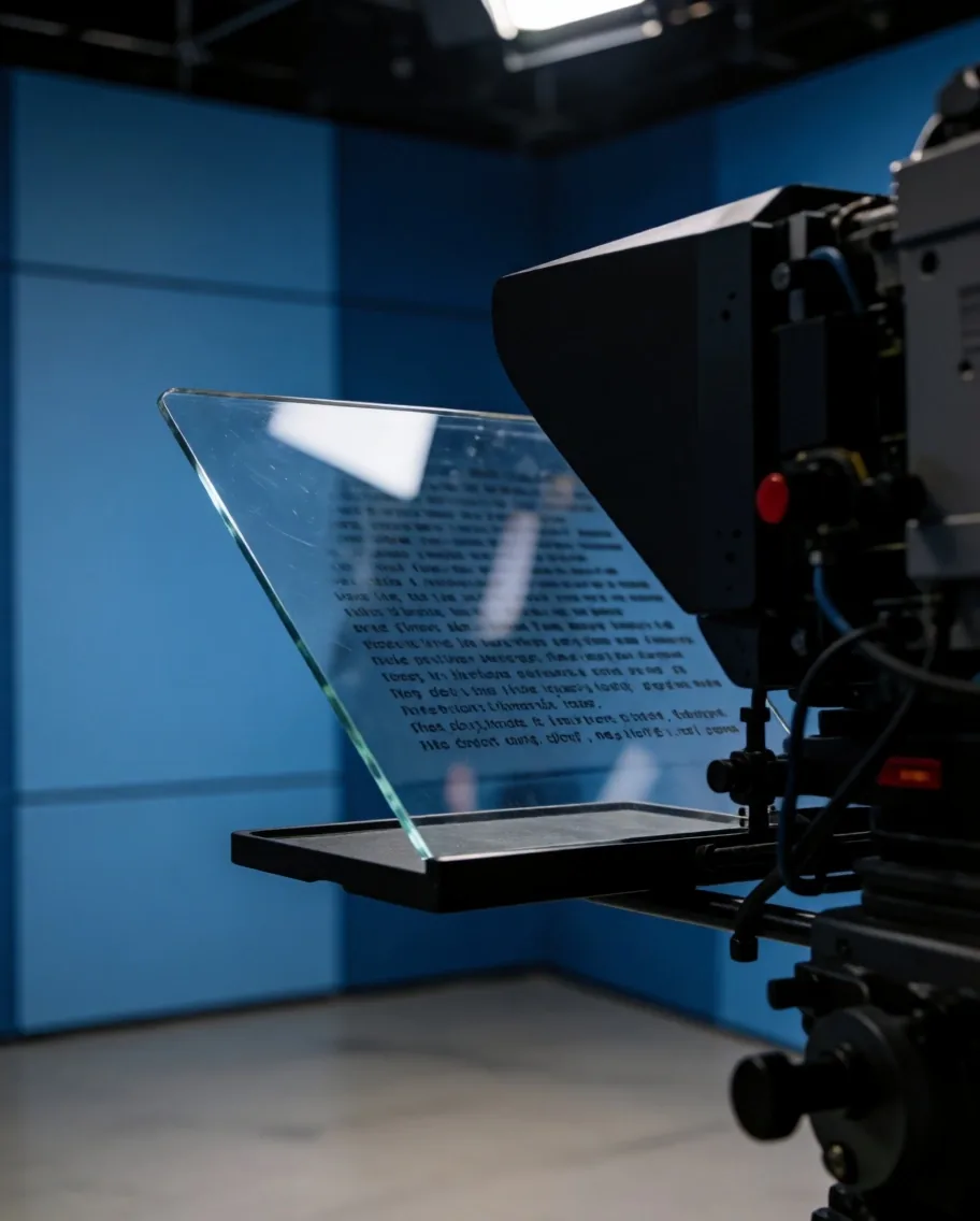 Presenter televisi sedang berbicara di depan kamera studio