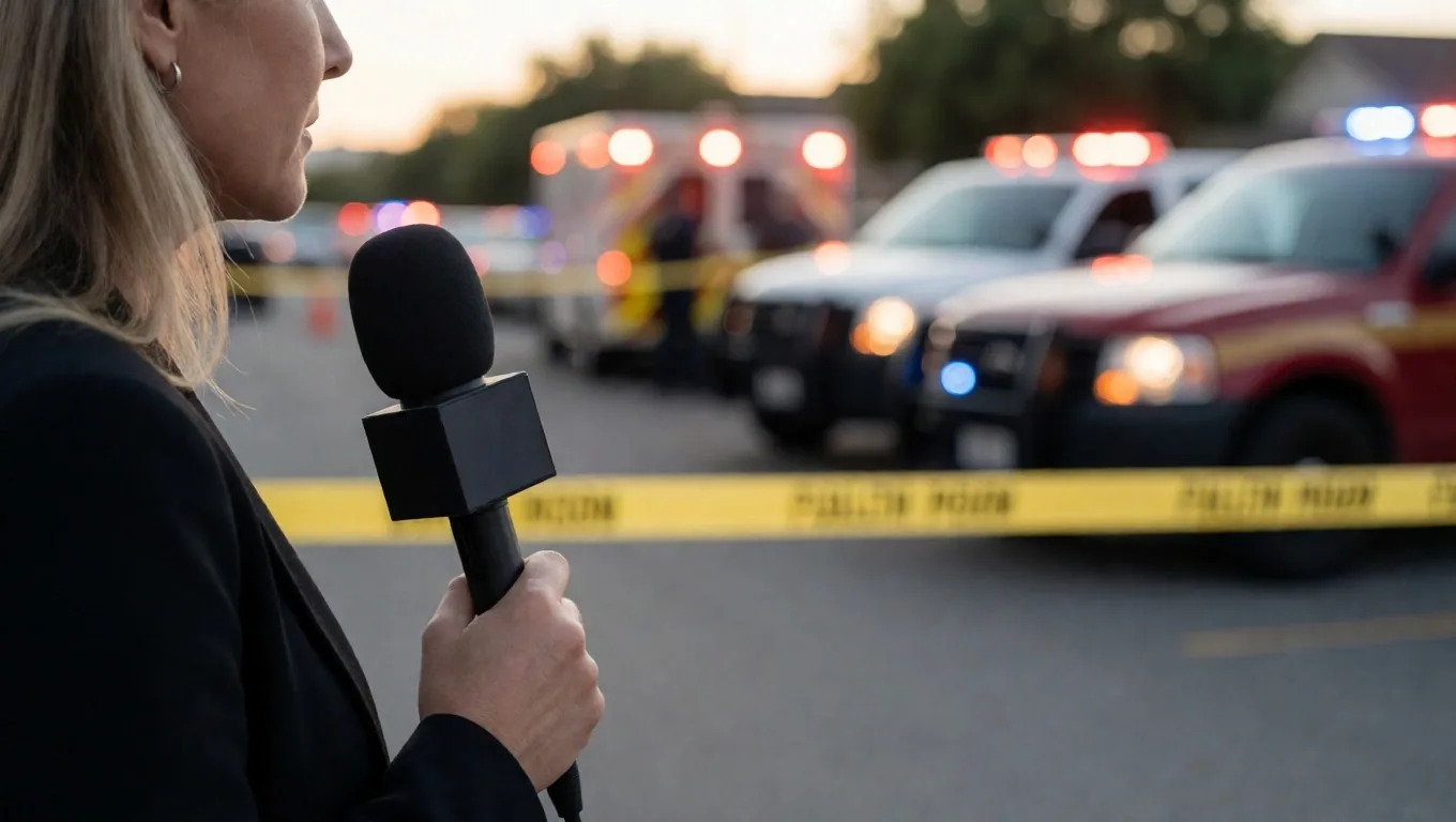 Reporter melaporkan berita dari lokasi kejadian di lapangan