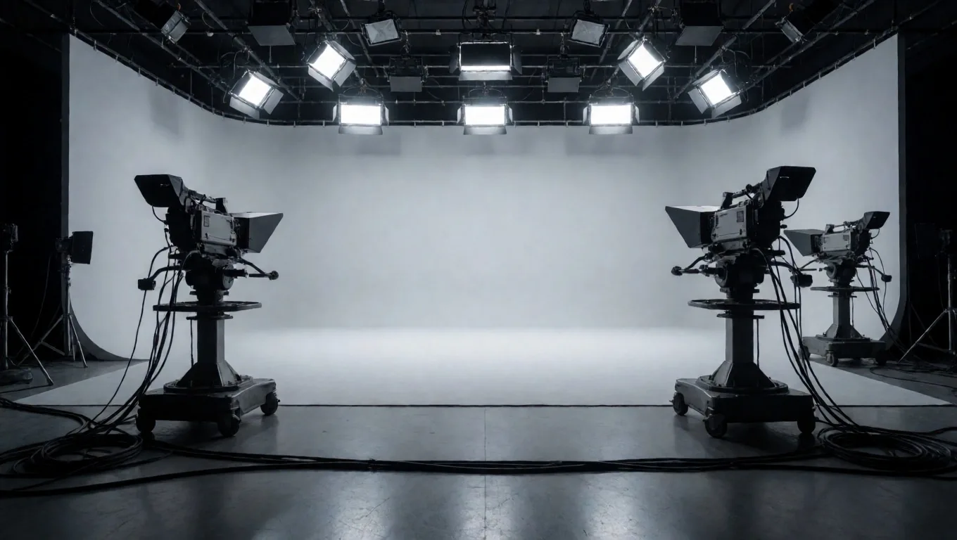 Interior studio televisi dengan kamera broadcast dan lighting grid
