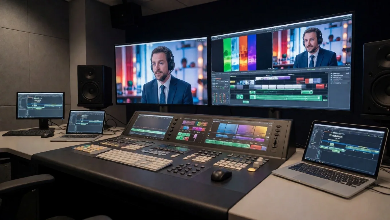 Ruang editing video profesional dengan dual monitor menampilkan timeline