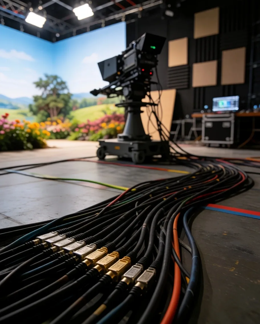 Lantai studio televisi di Jakarta dengan kamera broadcast dan rigging pencahayaan