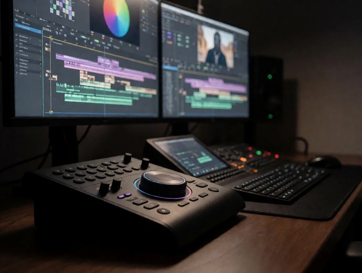 Ruang editing video dengan monitor timeline dan konsol pasca-produksi